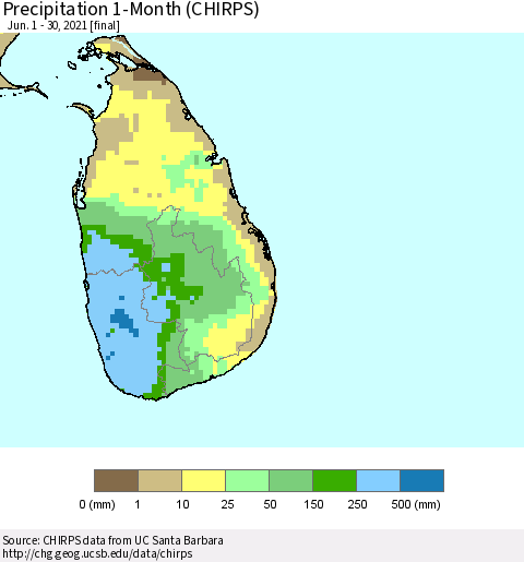 Sri Lanka Precipitation 1-Month (CHIRPS) Thematic Map For 6/1/2021 - 6/30/2021