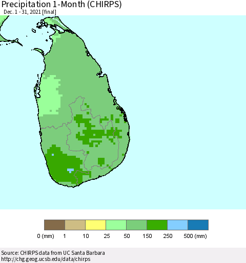 Sri Lanka Precipitation 1-Month (CHIRPS) Thematic Map For 12/1/2021 - 12/31/2021