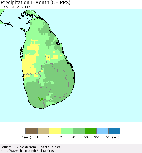 Sri Lanka Precipitation 1-Month (CHIRPS) Thematic Map For 1/1/2022 - 1/31/2022