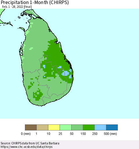 Sri Lanka Precipitation 1-Month (CHIRPS) Thematic Map For 2/1/2022 - 2/28/2022