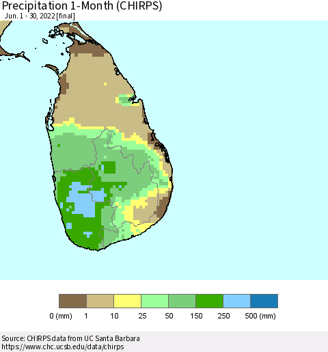 Sri Lanka Precipitation 1-Month (CHIRPS) Thematic Map For 6/1/2022 - 6/30/2022
