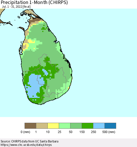 Sri Lanka Precipitation 1-Month (CHIRPS) Thematic Map For 7/1/2022 - 7/31/2022