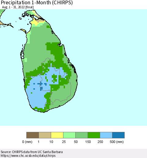 Sri Lanka Precipitation 1-Month (CHIRPS) Thematic Map For 8/1/2022 - 8/31/2022