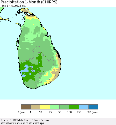 Sri Lanka Precipitation 1-Month (CHIRPS) Thematic Map For 9/1/2022 - 9/30/2022
