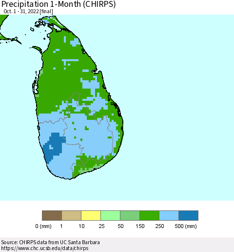 Sri Lanka Precipitation 1-Month (CHIRPS) Thematic Map For 10/1/2022 - 10/31/2022