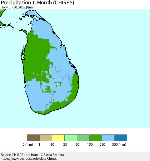 Sri Lanka Precipitation 1-Month (CHIRPS) Thematic Map For 11/1/2022 - 11/30/2022