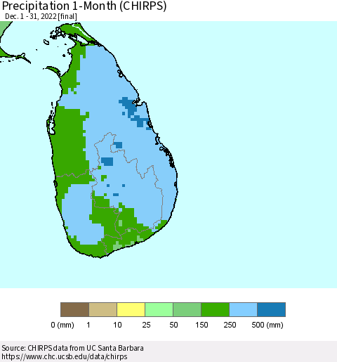 Sri Lanka Precipitation 1-Month (CHIRPS) Thematic Map For 12/1/2022 - 12/31/2022