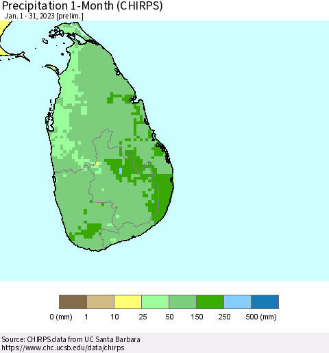 Sri Lanka Precipitation 1-Month (CHIRPS) Thematic Map For 1/1/2023 - 1/31/2023