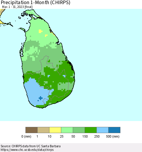 Sri Lanka Precipitation 1-Month (CHIRPS) Thematic Map For 3/1/2023 - 3/31/2023