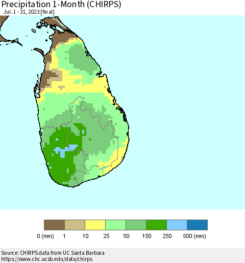 Sri Lanka Precipitation 1-Month (CHIRPS) Thematic Map For 7/1/2023 - 7/31/2023