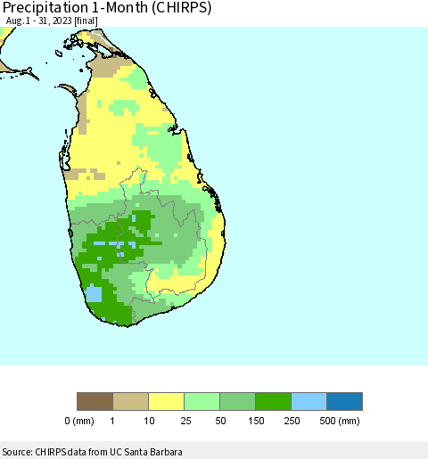 Sri Lanka Precipitation 1-Month (CHIRPS) Thematic Map For 8/1/2023 - 8/31/2023