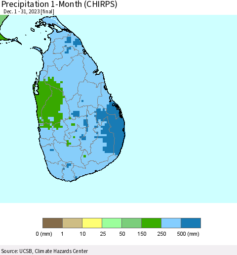 Sri Lanka Precipitation 1-Month (CHIRPS) Thematic Map For 12/1/2023 - 12/31/2023