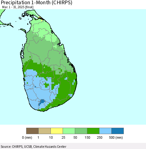 Sri Lanka Precipitation 1-Month (CHIRPS) Thematic Map For 3/1/2025 - 3/31/2025
