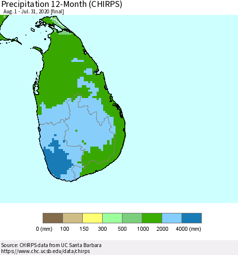 Sri Lanka Precipitation 12-Month (CHIRPS) Thematic Map For 8/1/2019 - 7/31/2020