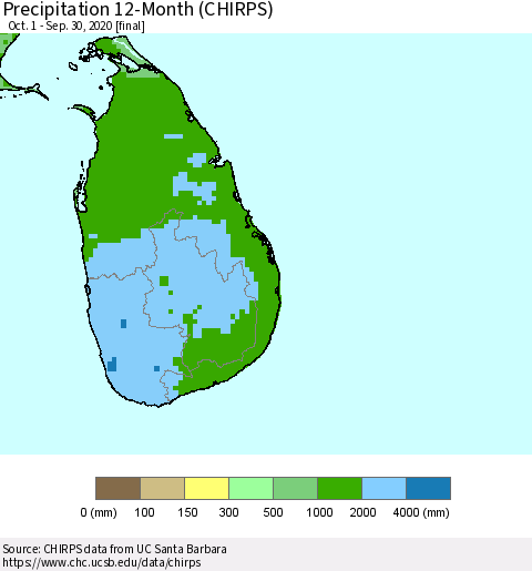 Sri Lanka Precipitation 12-Month (CHIRPS) Thematic Map For 10/1/2019 - 9/30/2020