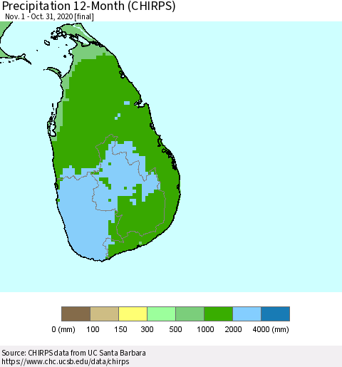 Sri Lanka Precipitation 12-Month (CHIRPS) Thematic Map For 11/1/2019 - 10/31/2020