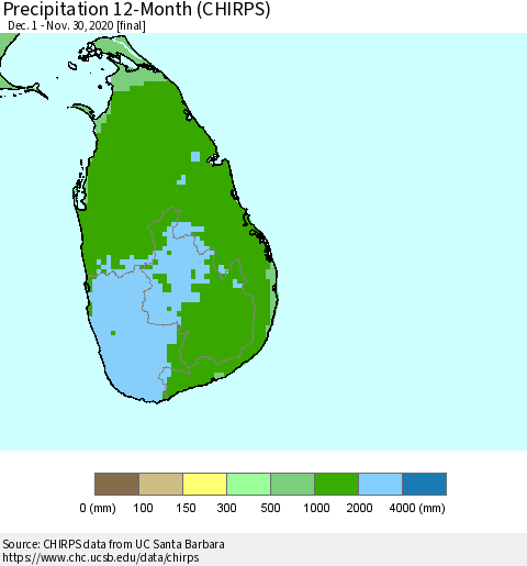 Sri Lanka Precipitation 12-Month (CHIRPS) Thematic Map For 12/1/2019 - 11/30/2020