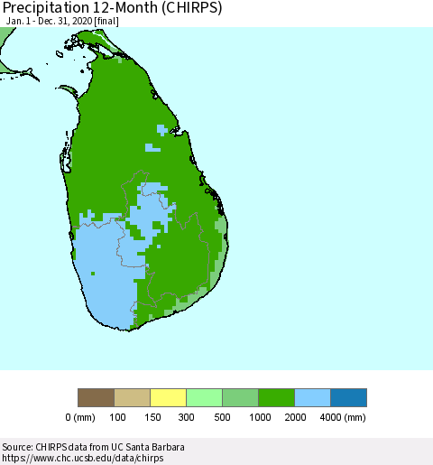 Sri Lanka Precipitation 12-Month (CHIRPS) Thematic Map For 1/1/2020 - 12/31/2020