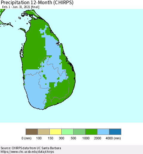 Sri Lanka Precipitation 12-Month (CHIRPS) Thematic Map For 2/1/2020 - 1/31/2021