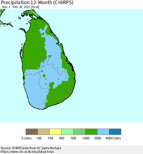 Sri Lanka Precipitation 12-Month (CHIRPS) Thematic Map For 3/1/2020 - 2/28/2021
