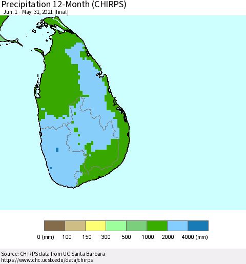 Sri Lanka Precipitation 12-Month (CHIRPS) Thematic Map For 6/1/2020 - 5/31/2021
