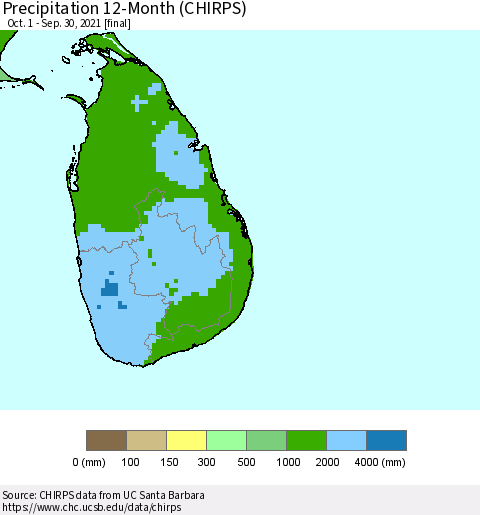 Sri Lanka Precipitation 12-Month (CHIRPS) Thematic Map For 10/1/2020 - 9/30/2021