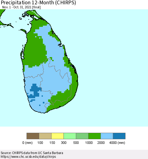 Sri Lanka Precipitation 12-Month (CHIRPS) Thematic Map For 11/1/2020 - 10/31/2021
