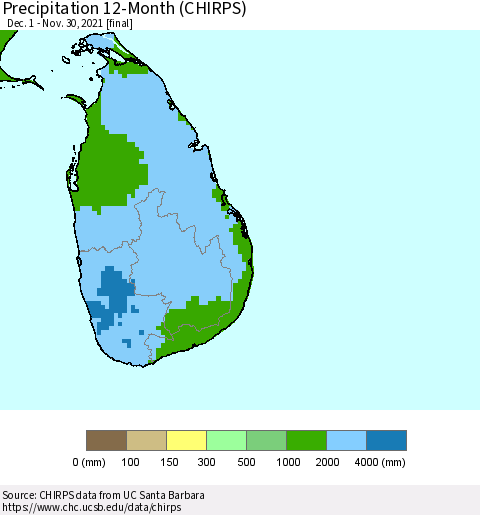 Sri Lanka Precipitation 12-Month (CHIRPS) Thematic Map For 12/1/2020 - 11/30/2021