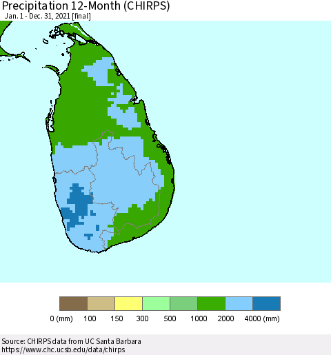 Sri Lanka Precipitation 12-Month (CHIRPS) Thematic Map For 1/1/2021 - 12/31/2021