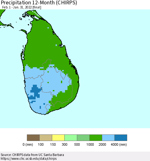 Sri Lanka Precipitation 12-Month (CHIRPS) Thematic Map For 2/1/2021 - 1/31/2022
