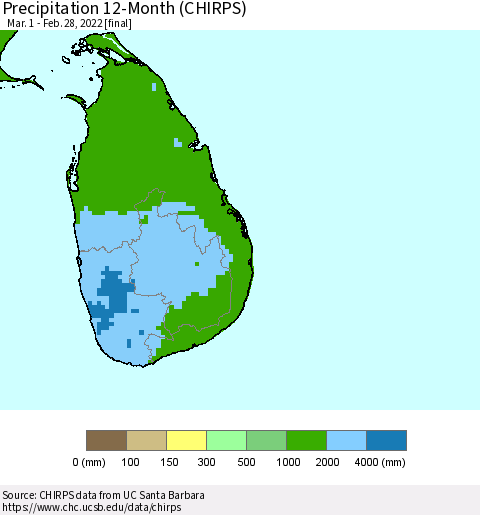 Sri Lanka Precipitation 12-Month (CHIRPS) Thematic Map For 3/1/2021 - 2/28/2022