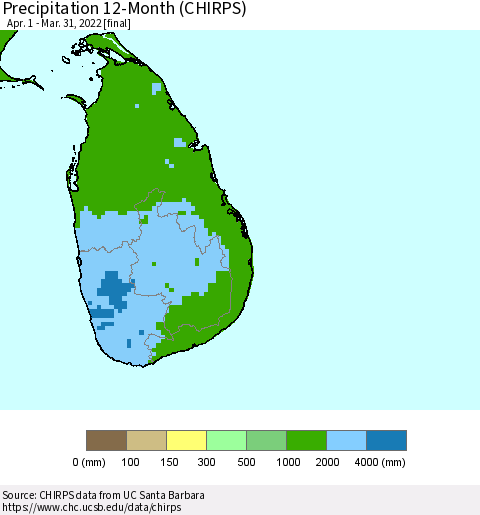 Sri Lanka Precipitation 12-Month (CHIRPS) Thematic Map For 4/1/2021 - 3/31/2022