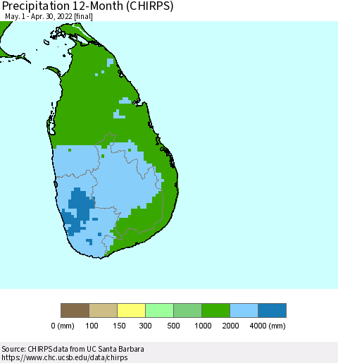 Sri Lanka Precipitation 12-Month (CHIRPS) Thematic Map For 5/1/2021 - 4/30/2022