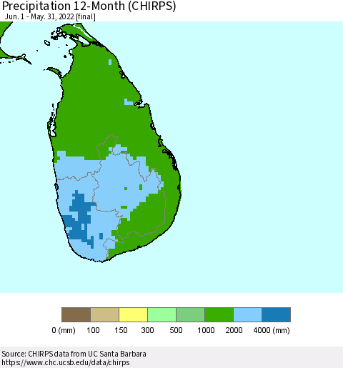 Sri Lanka Precipitation 12-Month (CHIRPS) Thematic Map For 6/1/2021 - 5/31/2022