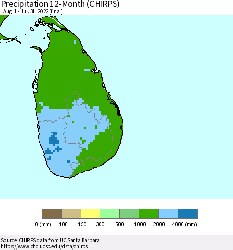 Sri Lanka Precipitation 12-Month (CHIRPS) Thematic Map For 8/1/2021 - 7/31/2022