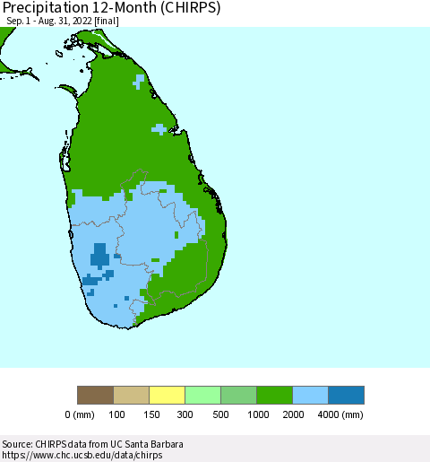Sri Lanka Precipitation 12-Month (CHIRPS) Thematic Map For 9/1/2021 - 8/31/2022