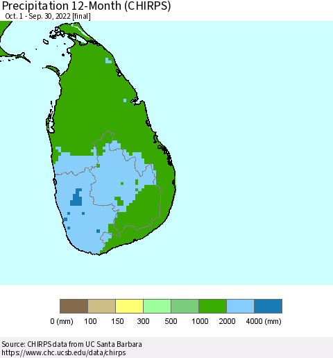Sri Lanka Precipitation 12-Month (CHIRPS) Thematic Map For 10/1/2021 - 9/30/2022