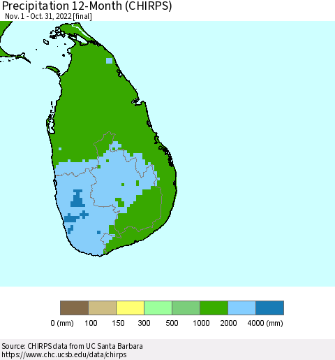 Sri Lanka Precipitation 12-Month (CHIRPS) Thematic Map For 11/1/2021 - 10/31/2022