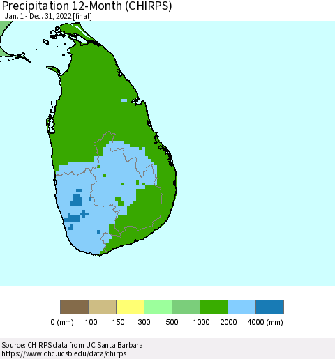 Sri Lanka Precipitation 12-Month (CHIRPS) Thematic Map For 1/1/2022 - 12/31/2022