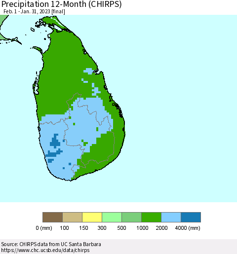 Sri Lanka Precipitation 12-Month (CHIRPS) Thematic Map For 2/1/2022 - 1/31/2023
