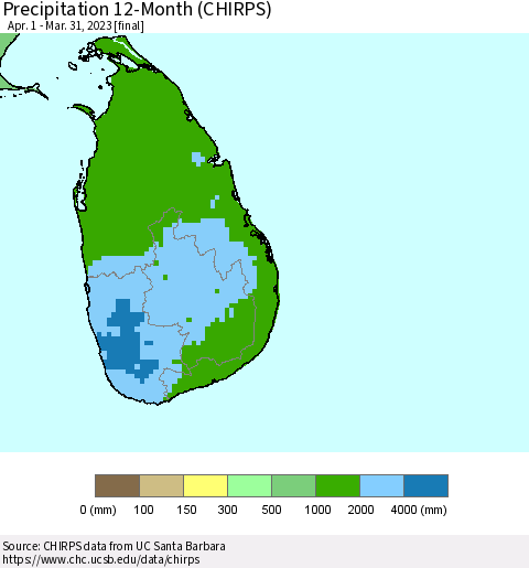 Sri Lanka Precipitation 12-Month (CHIRPS) Thematic Map For 4/1/2022 - 3/31/2023