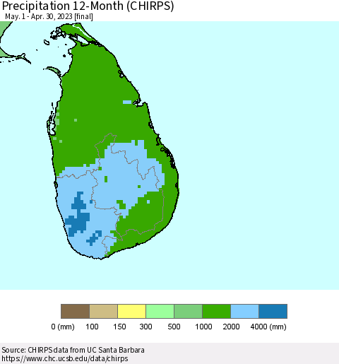 Sri Lanka Precipitation 12-Month (CHIRPS) Thematic Map For 5/1/2022 - 4/30/2023
