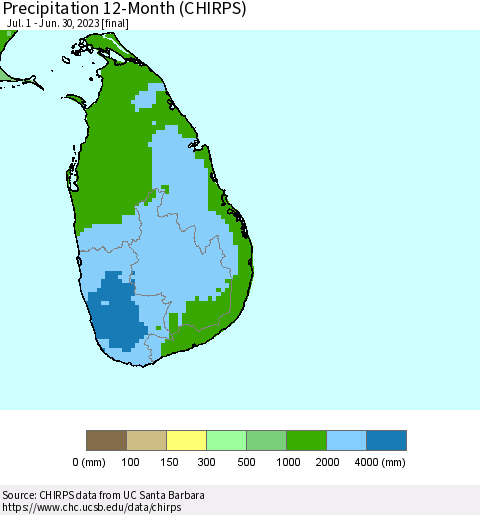 Sri Lanka Precipitation 12-Month (CHIRPS) Thematic Map For 7/1/2022 - 6/30/2023