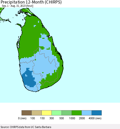 Sri Lanka Precipitation 12-Month (CHIRPS) Thematic Map For 9/1/2022 - 8/31/2023