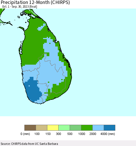 Sri Lanka Precipitation 12-Month (CHIRPS) Thematic Map For 10/1/2022 - 9/30/2023