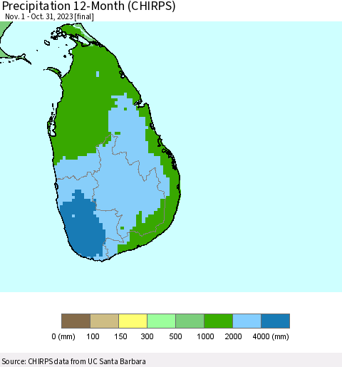 Sri Lanka Precipitation 12-Month (CHIRPS) Thematic Map For 11/1/2022 - 10/31/2023