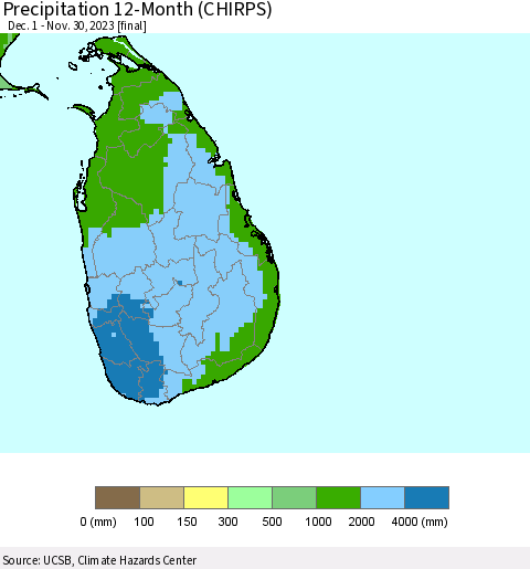 Sri Lanka Precipitation 12-Month (CHIRPS) Thematic Map For 12/1/2022 - 11/30/2023