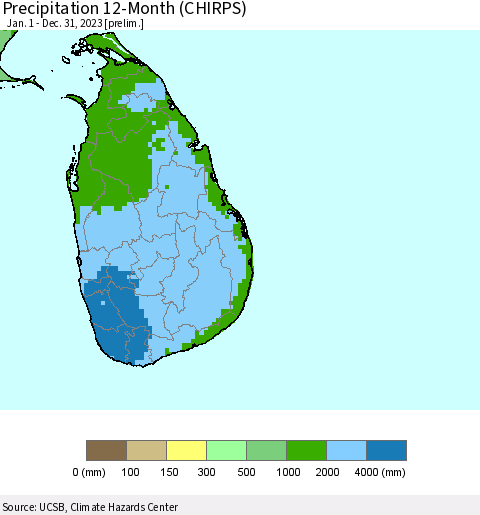 Sri Lanka Precipitation 12-Month (CHIRPS) Thematic Map For 1/1/2023 - 12/31/2023