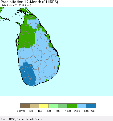 Sri Lanka Precipitation 12-Month (CHIRPS) Thematic Map For 2/1/2023 - 1/31/2024