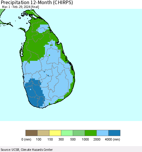 Sri Lanka Precipitation 12-Month (CHIRPS) Thematic Map For 3/1/2023 - 2/29/2024
